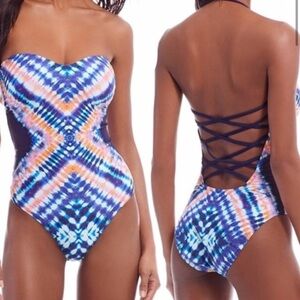 Trina Turk Moonlight Tie Dye Bandeau One Piece Strappy Swimsuit, Size 8
